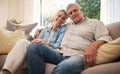 Happy, relax and senior couple love to enjoy quality time, retirement and weekend at home together. Smile, portrait and Royalty Free Stock Photo