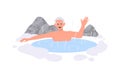 Happy relaxed elderly man character having rest in hot spring thermal natural pool in mountain