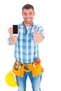 Happy repairman showing mobile phone white gesturing thumbs up