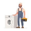 Happy repairman and washing machine. Vector illustration Royalty Free Stock Photo