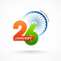 Happy Republic Day greeting card design with 26 January lettering and Ashoka Wheel illustration on white background.