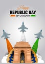Happy Republic Day India concept with vector illustration of fighter jets and Indian flag colors on India gate, Ashoka chakra wit