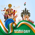 Happy republic Day India 26th January. Indian monument and Landmark with background , poster, card, banner. patriotic vector Royalty Free Stock Photo