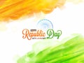 Happy Republic Day, 26th January Text with Ashoka Wheel, Saffron and Green Brush Stroke Effect.