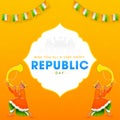 Happy Republic Day Wishes With Indian Men Blowing Tutari Horn In Traditional Attire On White And Orange