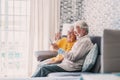 Happy retired family couple using mobile phone for video call together, talking to relations, getting good news, having fun, Royalty Free Stock Photo