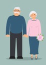 Happy seniors: smiling elderly man and woman with a cute delicate bouquet of white and pink flowers