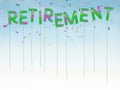 Happy retirement balloons with confetti and blue sky background