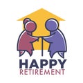 Happy retirement nursing home logo with elderly couple holding cane