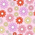 Happy retro seamless pattern with groovy daisy flowers.