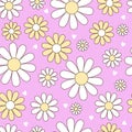 Happy retro seamless pattern with groovy daisy flowers.