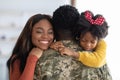 Happy Reunion. Joyful Wife And Daughter Hugging Military Man, Closeup Royalty Free Stock Photo