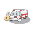 Happy rich ambulance cartoon character with money bag