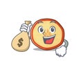 Happy rich apple chips cartoon character with money bag