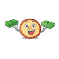 Happy rich apple chips character with money on hands