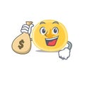 Happy rich banana chips cartoon character with money bag