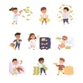 Happy Rich Boy and Girl Millionaire with Dollar Banknote and Gold Coins Vector Set