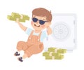 Happy Rich Boy Millionaire in Sunglasses Sitting with Stack of Dollar Banknote Vector Illustration