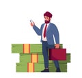 Happy Rich Businessman Character. Wealthy Man with Briefcase and Mobile Phone near Cash Cartoon Vector Illustration