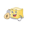 Happy rich creamy butter cartoon character with money bag