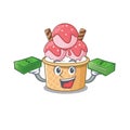 Happy rich ice cream sundae character with money on hands Royalty Free Stock Photo