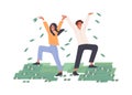 Happy rich people throwing money in air, making dollar rain. Successful couple and piles of cash. Prosperity and wealth