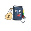 Happy rich phone book cartoon character with money bag