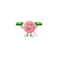 Happy rich pink round lollipop character with money on hands