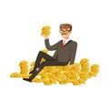 Happy rich successful businessman character sitting o gold coins vector Illustration Royalty Free Stock Photo