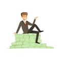 Happy rich successful businessman character sitting on a pile of money banknotes vector Illustration Royalty Free Stock Photo