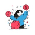 Happy rich woman celebrate financial success holding cash money coin dollar and piggy bank vector