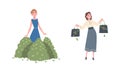 Happy Rich Woman Among Pile of Dollar Banknote and Carrying Bags with Cash Vector Set