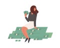 Happy rich woman sitting on stack of money with cash in hands. Young millionaire on dollar heap. Wealth, abundance and