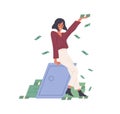 Happy rich woman throwing money, making cash rain. Millionaire near metal safe box with savings. Financial success Royalty Free Stock Photo