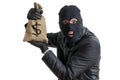 Happy robber is showing stolen bag full of money. Isolated on white. Royalty Free Stock Photo