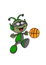 Happy Robot Cartoon Character playing Basketball