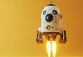 A happy robot character flies on a yellow rocket against a muted orange setting Royalty Free Stock Photo