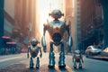 Happy robots family walking in the street of big futuris. Illustration Generative AI