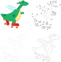 A happy roller skating green dragon. Dot to dot game for kids