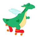 A happy roller skating green dragon