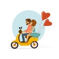 Happy romantic cheerful couple riding scooter with heart shaped balloons Royalty Free Stock Photo