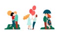 Happy Romantic Couple Embracing Walking Under Umbrella and Kissing Each Other Vector Set Royalty Free Stock Photo