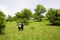 Happy romantic Couple Man and Woman Travelers with backpack holding hands mountaineering Travel Lifestyle and relationship love Royalty Free Stock Photo