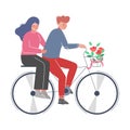 Happy Romantic Couple Riding Bike with Bouquet of Flowers in Basket, Girlfriend Sitting on Trunk of Bicycle Vector Royalty Free Stock Photo