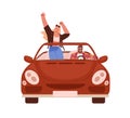 Happy romantic couple traveling by car. People in cabrio at road trip. Man driving convertible with woman standing