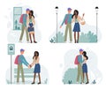 Happy romantic couple walking together on date set, cartoon lovers characters dating Royalty Free Stock Photo