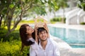 Happy Romantic Couples lover talking and drinking wine while having a picnic Royalty Free Stock Photo