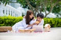 Happy Romantic Couples lover talking and drinking wine while having a picnic Royalty Free Stock Photo