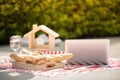 Happy Romantic Couples lover talking and drinking wine while having a picnic at home Royalty Free Stock Photo