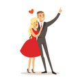 Happy romantic elegant couple in love looking up colorful characters vector Illustration Royalty Free Stock Photo